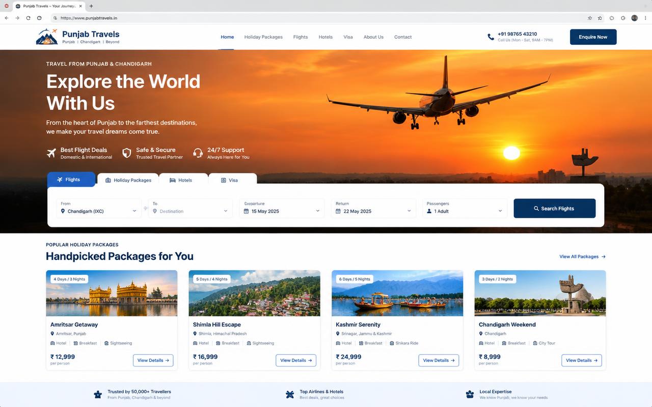 ExploreMyTravel website reference shown in a desktop frame